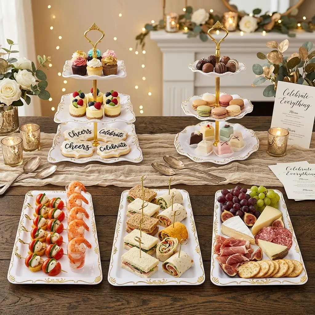 Dessert Display Set - 5-Piece Durable Acrylic Kit with Round 3-Tier Holder, Square 3-Tier Holder & Serving Trays, Large/High-Capacity Buffet Decor for Weddings, Birthday Parties
