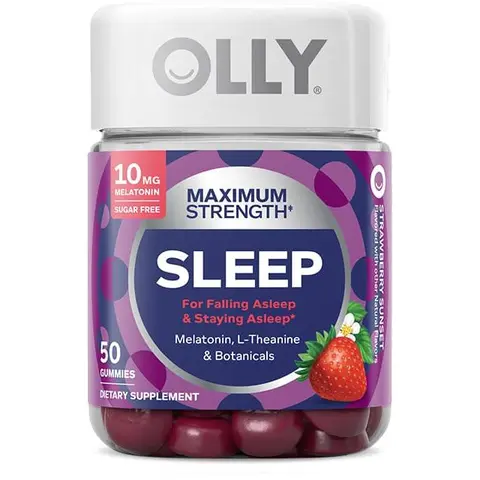 OLLY Max Strength Sleep Gummy Dietary Supplement - 10 mg Melatonin, L-Theanine, Chamomile, Lemon Balm, Sugar Free, Gluten Free, Vegetarian Selfcare Sleep Aid, Strawberry Flavor, 50 Pieces Bottle Pack, Healthcare Vitamins & Wellness Supplement