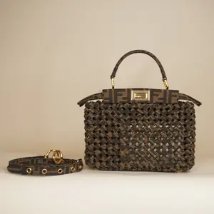 Pre-owned FENDI Canvas Shoulder Bags Fabric Jacquard FF 1974 Woven Knotted Mini Peekaboo Iconic Satchel Shoulder Bag