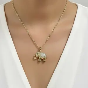 Beautiful Size 18" Gold Elephant Pendant Necklace with Sparkling Rhinestones for Women