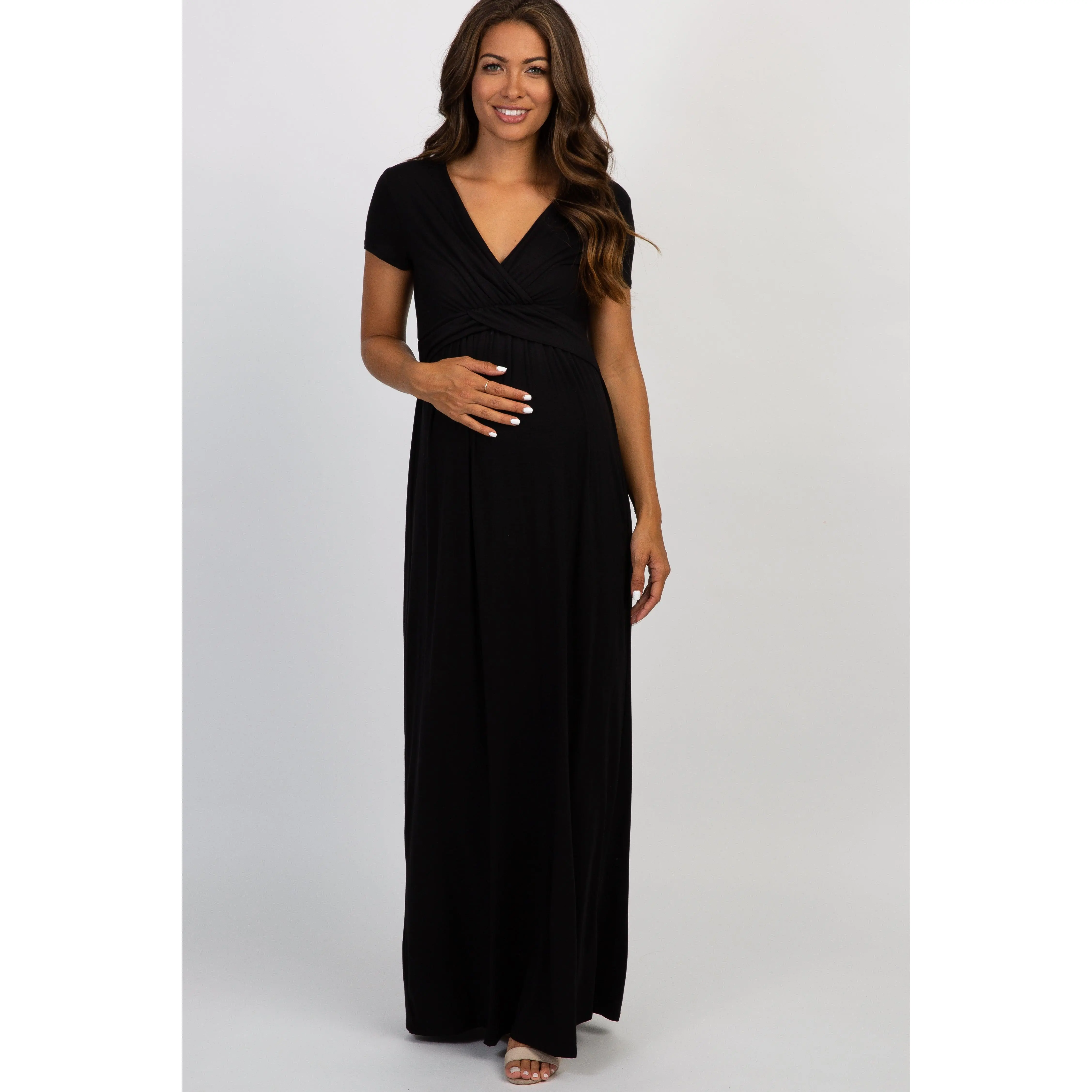 PinkBlush Black Draped Maternity/Nursing Maxi Dress