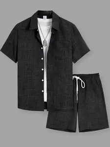 Men's Solid Short Sleeve Shirt & Shorts Loungewear Two-piece Set, Casual Comfy Top & Shorts PJ Set, Pajamas Set, Men's Sleepwear for Summer