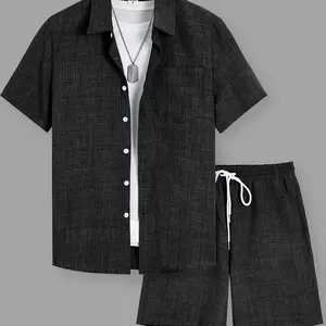 Men's Solid Short Sleeve Shirt & Shorts Loungewear Two-piece Set, Casual Comfy Top & Shorts PJ Set, Pajamas Set, Men's Sleepwear for Summer