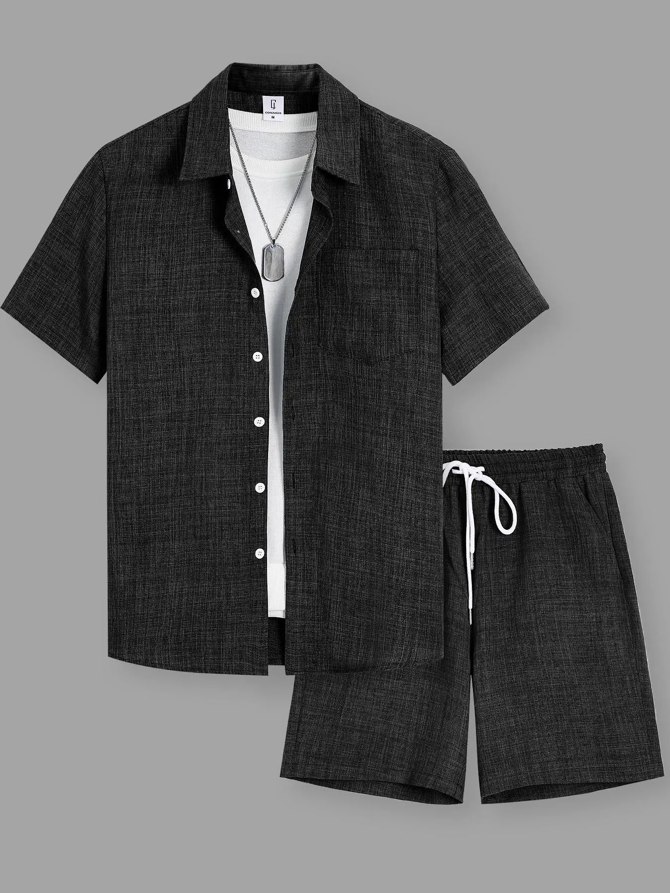 Men's Solid Short Sleeve Shirt & Shorts Loungewear Two-piece Set, Casual Comfy Top & Shorts PJ Set, Men's Sleepwear for Summer