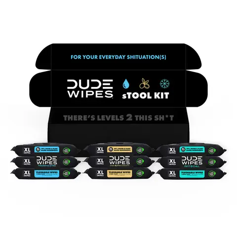 DUDE Wipes Stool Kit- 9 Packs, 432 Flushable Wipes -- Mint Chill, Shea Butter, & Unscented - Extra Large & Septic Safe