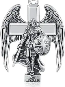 St. Michael Angel Cross Pendant Necklace, Vintage Distressed Style Men's Personalized Guardian Silver Chain
