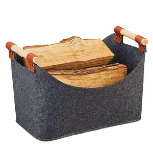 45 X 32 X 40 Cm Felt Basket Large Capacity 57 L Foldable Wood Basket Fireside Wood Carrier Holder Bagwith Wooden Handles