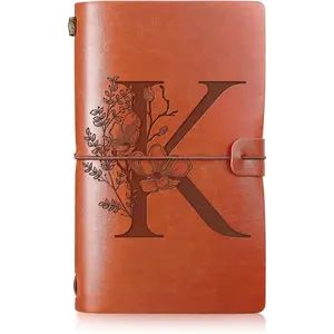 Initial Leather Travel Journal Monogrammed Notebook Appreciation Gifts Refillable Personalized Diary Writing Notepad for Women Graduation Birthday Christmas (K)