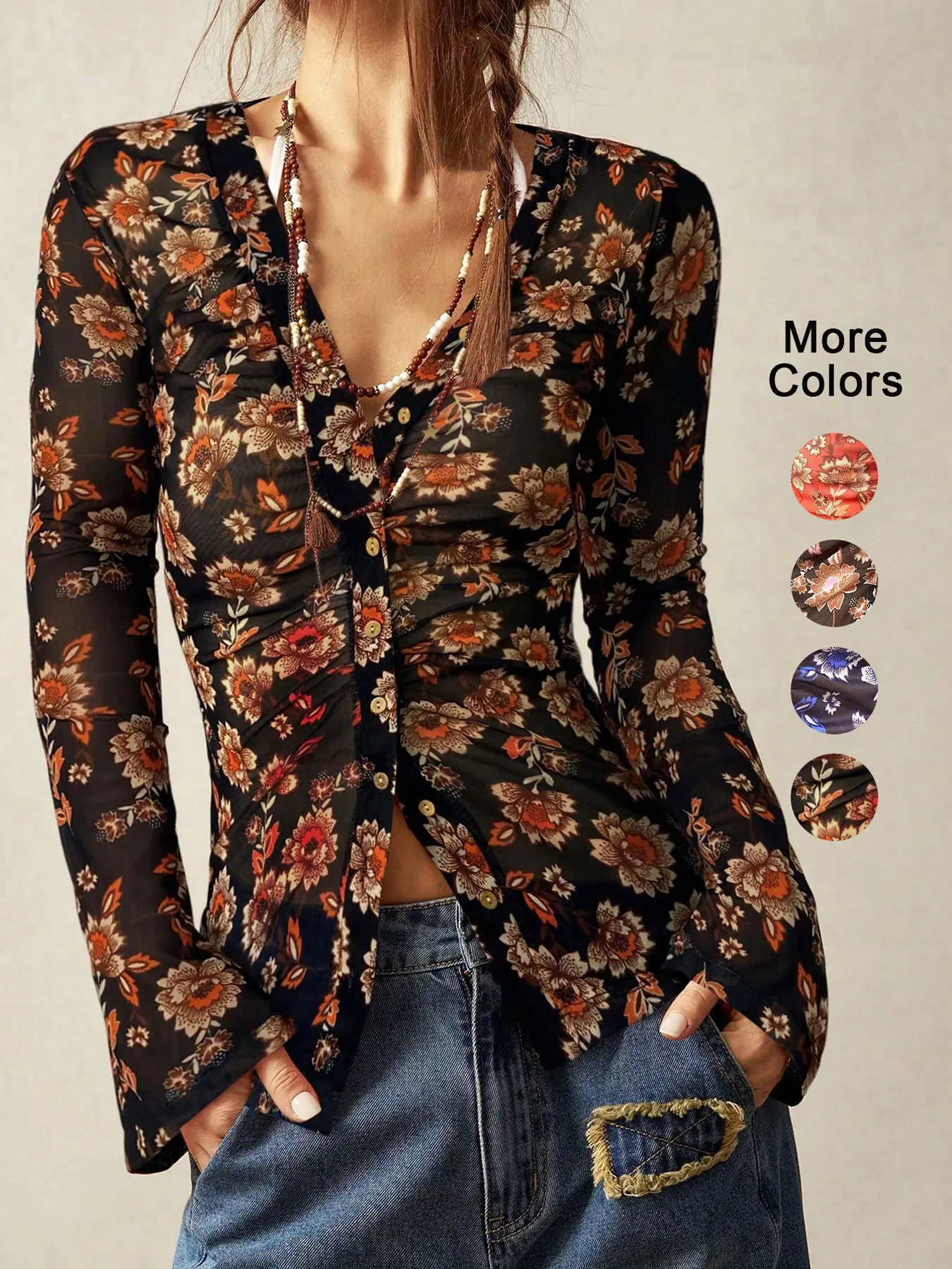 Women's Floral Print Slim Fit Vintage Long Sleeve Boho Fashion Shirt Blouse, Everyday Casual Daily Wear, Sexy Leisure Vacation, All Seasons Fashion
