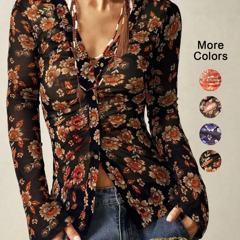 Women's Floral Print Slim Fit Vintage Long Sleeve Boho Fashion Shirt Blouse, Everyday Casual Daily Wear, Sexy Leisure Vacation, All Seasons Fashion, Fall Shirt Blouse