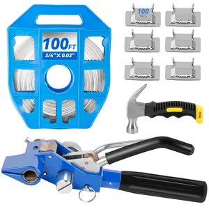Stainless Steel Banding Strapping Kit with Ratchet Tensioner/Cutter, 100FT×3/4'' 304 Steel Banding Coil with Blue Tray, 100PCs Buckle, 1×Hammer, Pallet Packaging Strapping Banding Tool for Packing