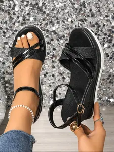 Women's Fashionable Plain Color Platform Slingback Sandals, Casual Comfortable Wedge Sandals for Summer, Lightweight Strappy Sandals, Higher Platform Sandals, Lightweight Breathable Shoes for Daily Wear, Black Strap Heels, Stylish Footwear