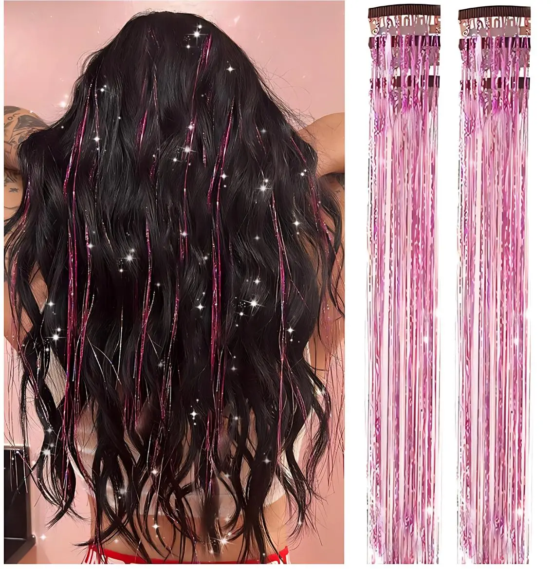 Vigorous Clip-in Hair Extensions, 32pcs 24-Inch Colorful Straight Synthetic Fiber with Funky Hair Tinsel for Women, Parties, Festivals & Halloween Costume, Synthetic Fiber Hair, Straight Synthetic Hairpieces