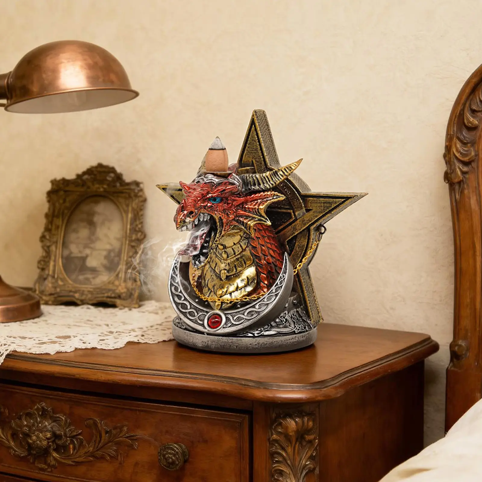 Premium Statue：Mythic Red Dragon Pentagram Incense Burner with Dramatic Backflow Smoke Display for Mystic Ritual Vibes Gothic Decor Unique Design Enhances Ambiance Lotus Shaped Set