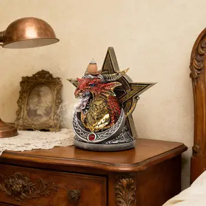 Premium Statue：Mythic Red Dragon Pentagram Incense Burner with Dramatic Backflow Smoke Display for Mystic Ritual Vibes Gothic Decor Unique Design Enhances Ambiance Lotus Shaped Set