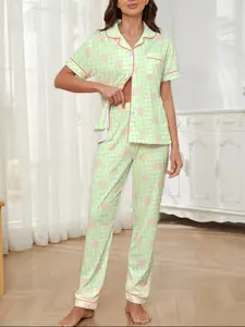 Women's Sleepwear Set, Smiley Plaid Print, Elegant Casual, Comfortable Lapel Short Sleeve Top & Wide Leg Pants, Holiday Party Wear