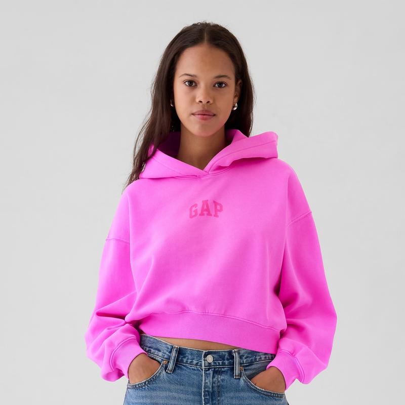 GAP VintageSoft Crop Logo Hoodie - Soft Cotton-Blend Fleece, Oversized Fit, Neon Pink, Long Sleeves, Banded Cuffs, Machine Washable