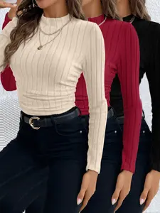 Women's 3-Piece Autumn Winter Knitted Striped Half High Round Neck Long Sleeve Fitted T-Shirt Set, Inner Wear & Outerwear, Knitwear