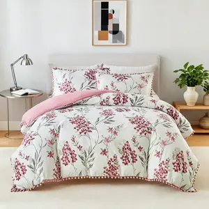 White with pink floral print and pom-pom tassel decorative duvet cover set (2/3 counts) - No filling included. Soft and comfortable washable polyester material, breathable and durable bedding, pillowcase set, modern bedroom decoration, 9 sizes