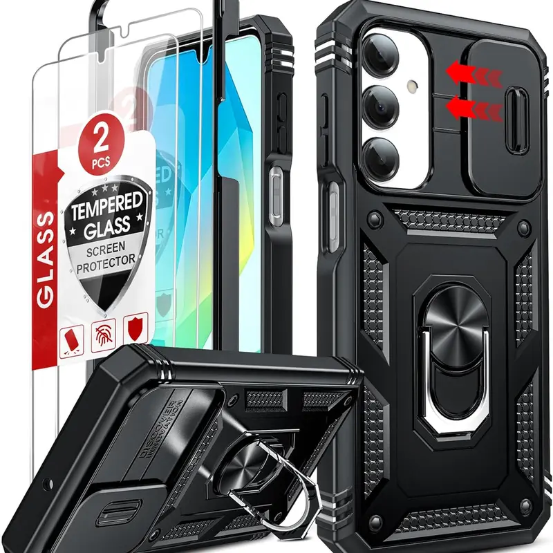 Samsung Galaxy A17/A16 5G Case 2 Pack with Screen Protector & Camera Cover, Military-Grade Heavy Duty Shockproof Phone Case, Rugged Protective Cover for Samsung A17 & A16 5G, Black
