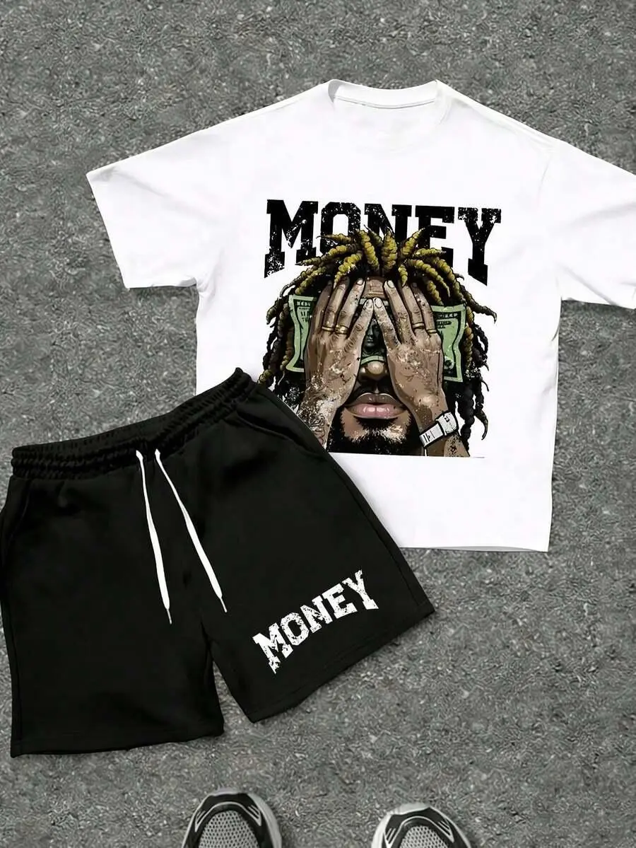 Cotton Men's White T-Shirt & Shorts Set, "MONEY" Letter & Drip Print Y2K Hip Hop Streetwear 2PC Casual T-Shirt And Drawstring Waist Shorts Set Y2K Style Fashion Pattern Oversized Casual Streetwear Outfit. Graphic Breathable