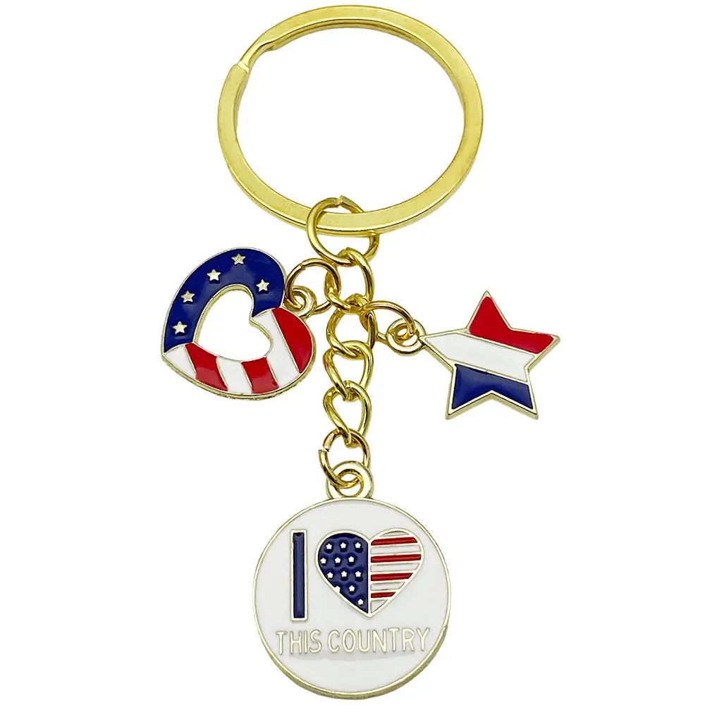 Patriotic American Flag Keychain - Alloy Pendant with Flag Hearts, Round Charms, Enamel Details, 4th of July Heart-Star Charm, USA "I Love This Country" Backpack Accessory Gift for Independence Day, Memorial Day, American Flag Emblem Keychains