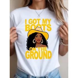 White LOOSE T-Shirt With "I'M On My Way" Slogan And African Female Cartoon Pattern - Casual Short-Sleeved Round Neck Top, Loose H-Shaped Cut, Suitable For Country Music Lovers And WESTERN STYLE CLOTHING