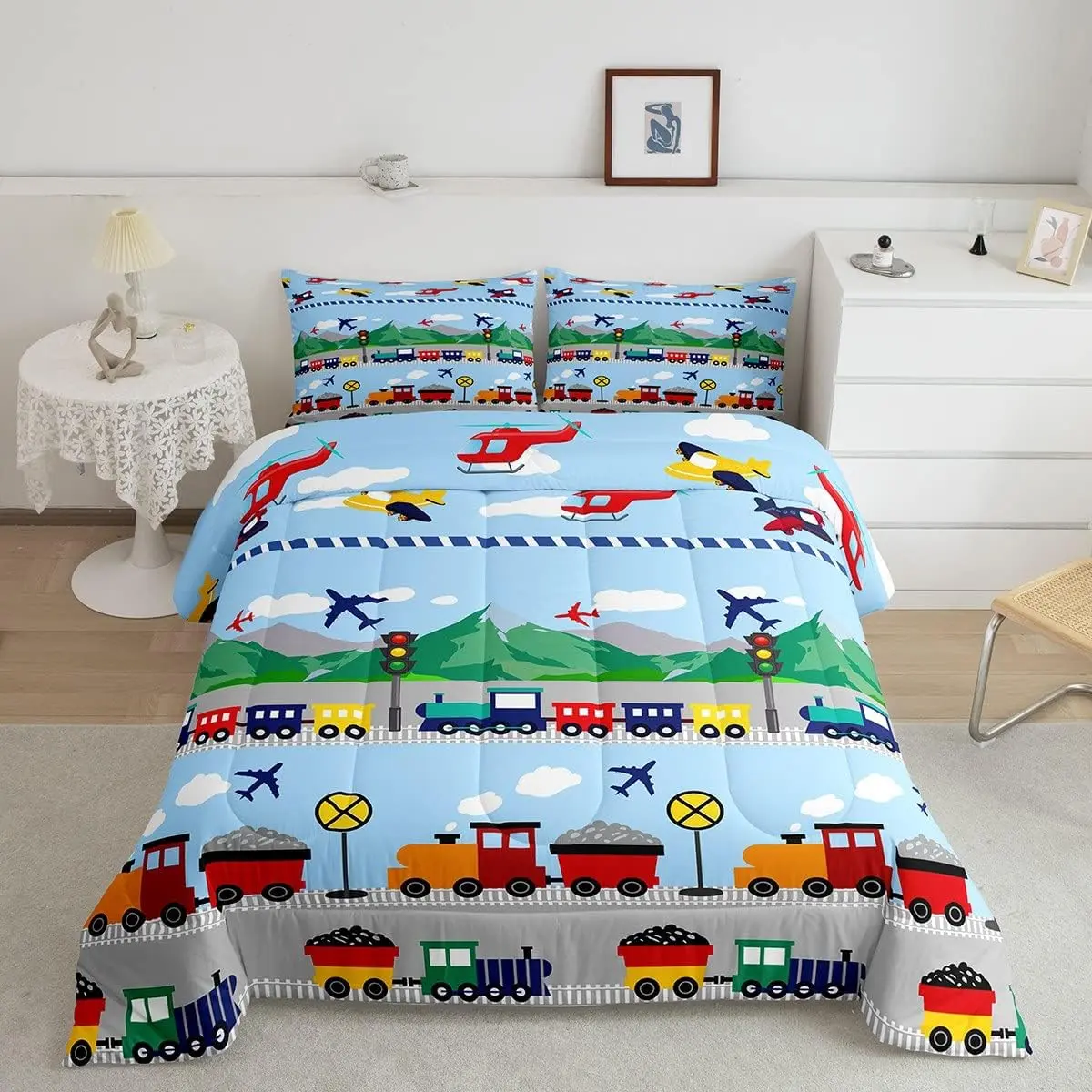 Feelyou Breathable Microfiber Decorative Bedding Set - Cartoon Train & Airplane Vehicle Print Duvet/Comforter Set, Multi-Size for King, Queen, Full Sizes (Blue, Green, Red Designs), King Size, Queen Size