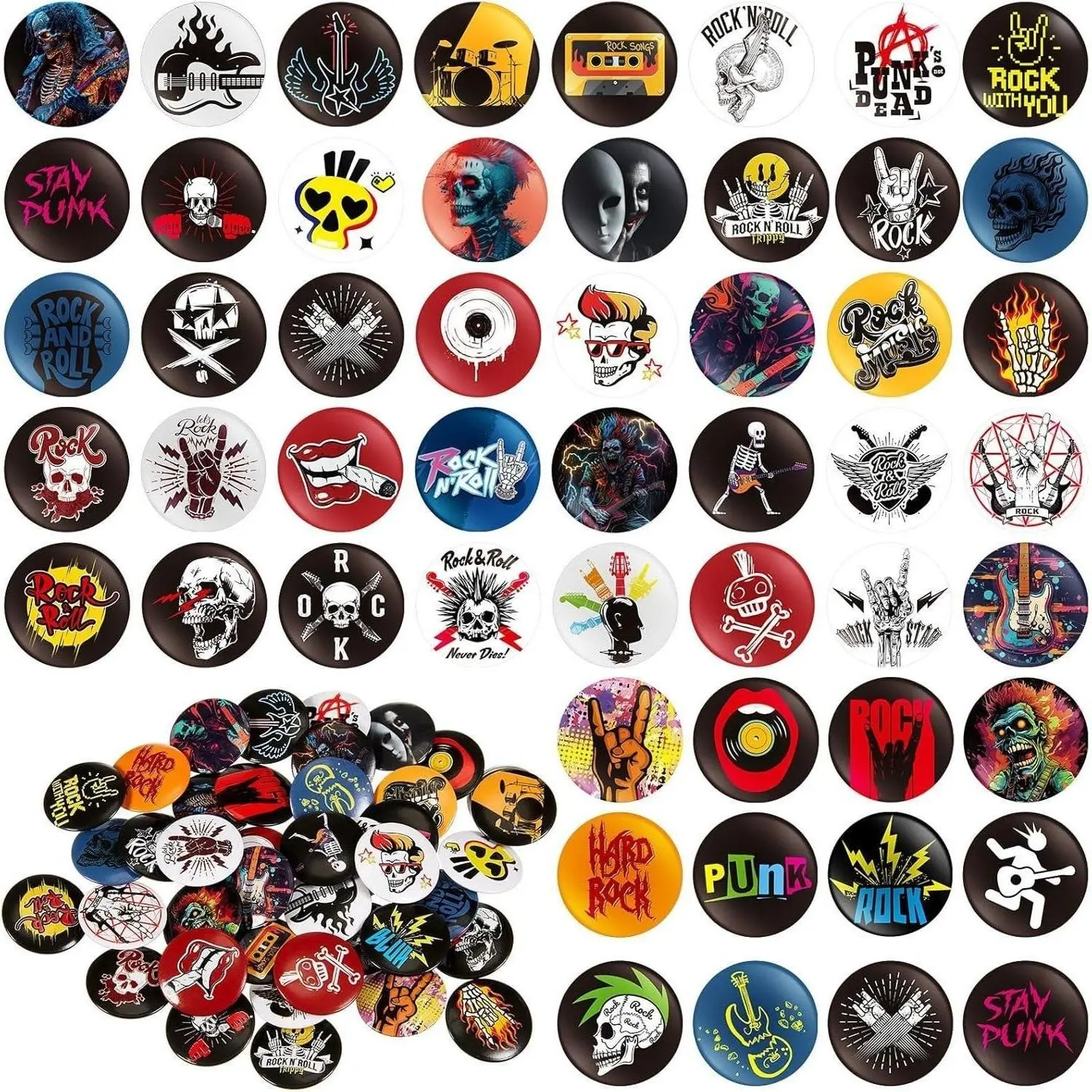 50 Pack Punk Rock Button Pins, 1 Inch Assorted Graphic Badges for Backpacks, Hats, Jackets, Music Festivals & DIY Crafts, Scrapbooking, Rock Music, Diy Projects, Brooch