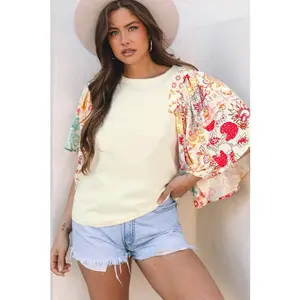 Floral Batwing Sleeve Blouse – Boho Patchwork Casual Top