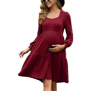 Womens Maternity Sweater Dress Square Neck Long Sleeve Fall Casual Pregnancy Babydoll Knit Dresses with Pocket