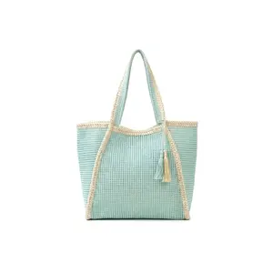 Tassel Two-Tone Woven Straw Tote