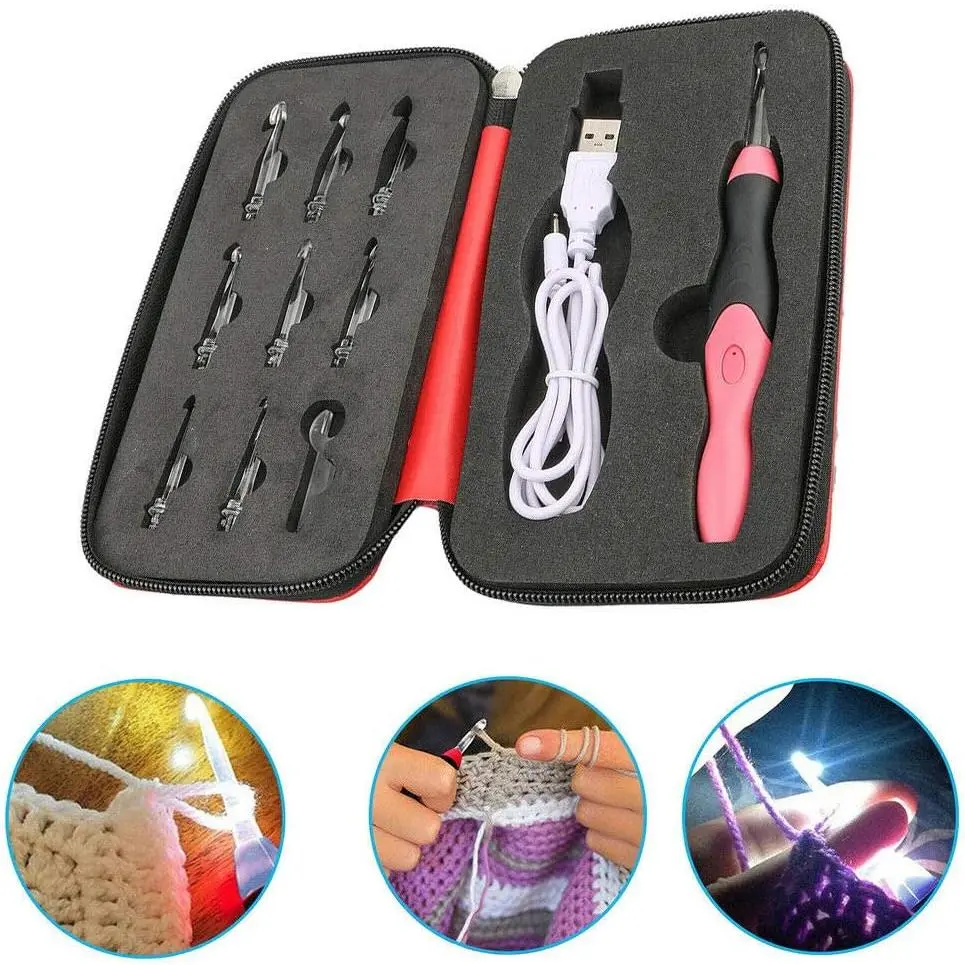 Lighted Crochet Hook Set, 9 in 1 Rechargeable  Crochet Hook Set with Zip Case Light Up Knitting  Kit Weave Sewing Tool Accessories