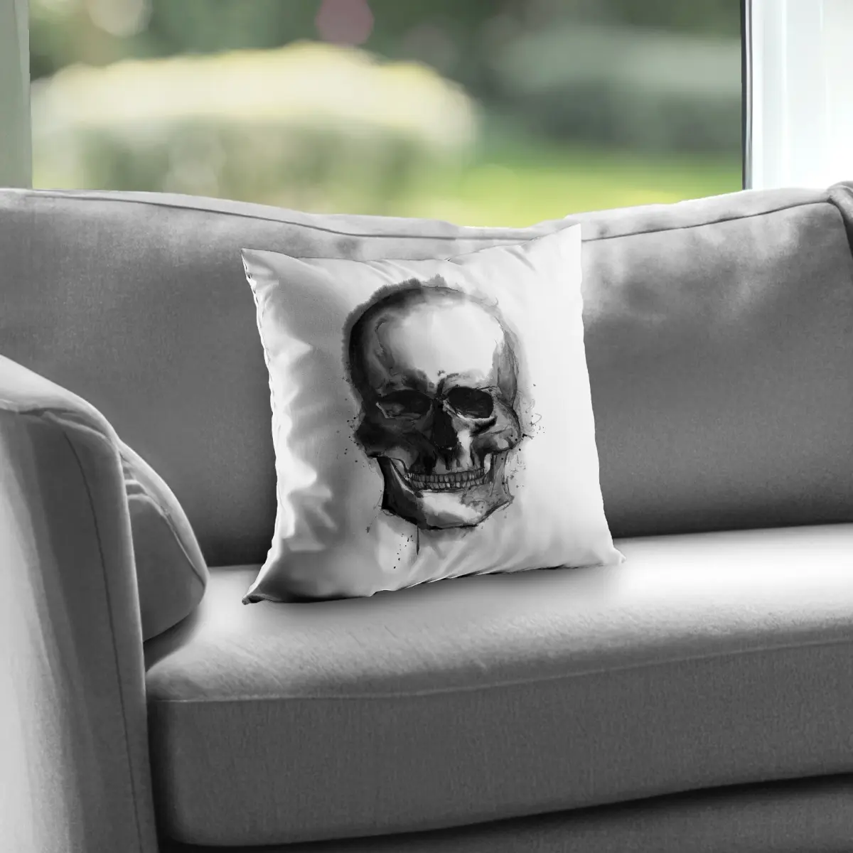360 Stand Poly Twill Throw Pillow, 14x14 in, Woven Construction, Artistic Print Watercolor Dark Skull Motif, Black & White Home Decor Accent, Twill Weave, Gothic Standard Pillows, Creative Decorative Cushion