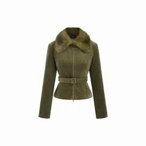 Cider Corduroy Faux Fur Trim Collar Jacket With Belt