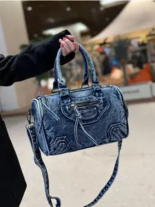 Women's Fashionable Denim Boston Bag, Casual Large Capacity Crossbody Bag for Daily Used, Trendy All-match Commuter Bag, Denim Shoulder Bag, Ladies Purse
