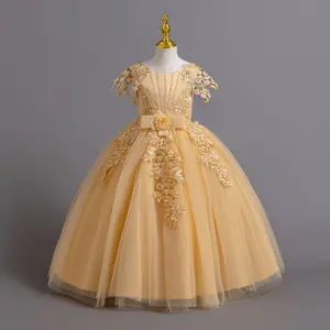 3-9Y Gold 171 Kids Clothes Flower Girls Princess Long Ball Beading Floral Mesh Ball Gown Gown Frock Children Formal Evening Party Banquet Pageant Prom Host Cocktail Dress