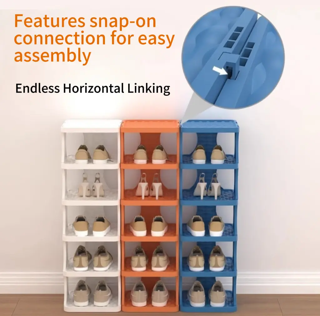 Multi-Tiered Plastic Vertical Slim Minimalist Shoe Rack - Tool-Free Snap-On Assembly, Wobble-Free Home Organizer for Dorm, Rental Apartment Entryway Space-Saving Storage