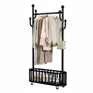 Garvee Portable Metal Coat Rack with Wheels and Storage Basket - Sturdy Clothes Stand with Shelf and 4 Hooks - Ideal for Bedroom, Laundry Room, and Living Room