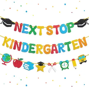 Preschool Graduation Decorations, Pre-Strung Next Stop Kindergarten Banner, Glitter Preschool Graduation Banner for Pre K Graduation Decorations & 1st Day of Kindergarten Decor (3Pcs)