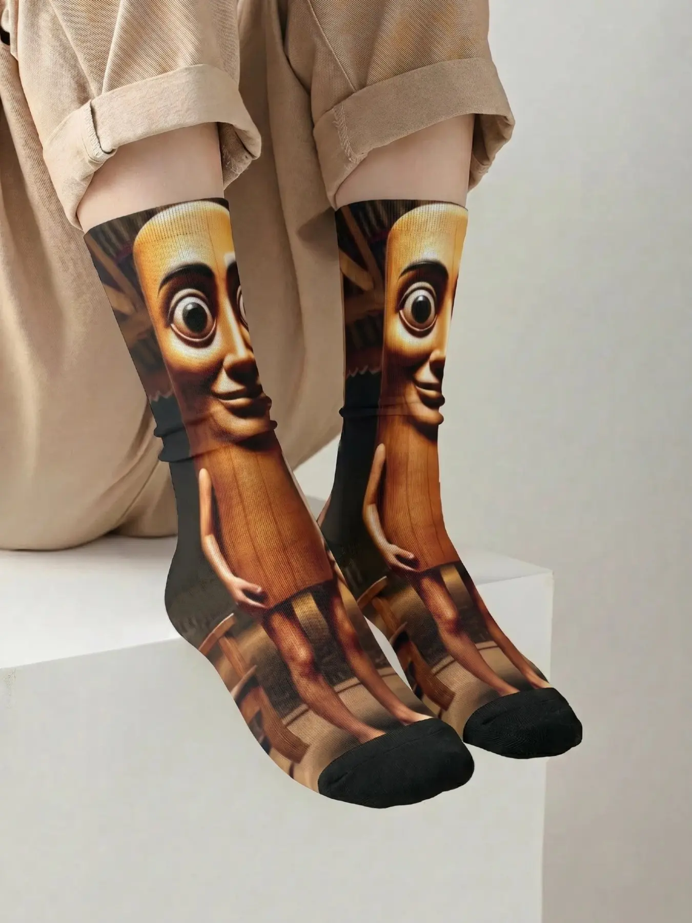 1 Pair BIIHUDU Men's Italian Brainrot Socks—Yellow “Tung Tung Tung Sahar” Print Socks, Funky Socks, All-Over Print Design, Knee-Highs, Ankle Socks, Calf-Length Socks, Men's Socks, Women's Socks