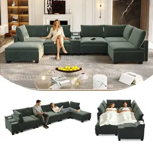 Aobtkel 121.2" Modular U-Shaped Cloud Sectional Sofa with Movable Ottoman, Chenille Convertible Sofa Bed with Hidden Storage & USB Ports & Cup Holders & Bluetooth Speaker for Living Room, Apartments , Green