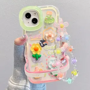 Flower Bracelet Chain Phone Holder Case For iPhone 16 17 15 14 13 12 11 Pro Max XS Max XR 3D Frog Rabbit Bracket Stand Cover