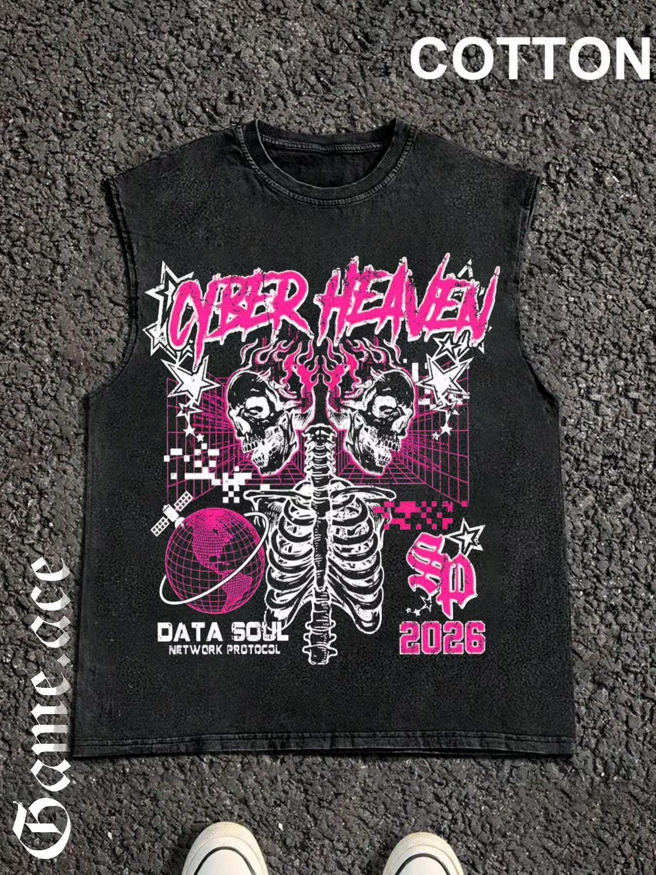 1 PCS Cyber Heaven Double Skull Ribcage Globe Satellite Distressed Cyberpunk Graphic Print, Y2K Goth Grunge Streetwear Vest, Soft Breathable Unisex Tank For Gothic Punk Fans Summer Casual Outfit