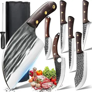 DFITO 8 Pieces Butcher Knife Set with Roll Bag, Butcher Knife Set for Meat Cutting, Professional Meat Knife Set, Handmade HAND FORGED DAMASCUS STEEL CHEF KNIFE Set Kitchen Knives, Best Gift!