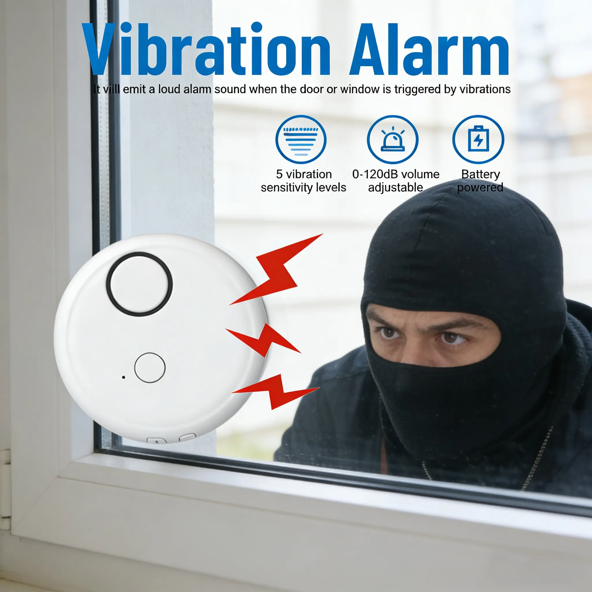 Wireless Door Sensor Alarm, 110db Sound Alert, Adjustable Sensitivity, Easy Installation, Home Security System, Car Travel Hotel Outdoor Use, Shock Alarm