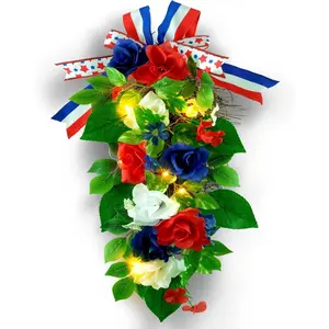 YULETIME 24" Pre-lit Decorative Teardrop Swag, Battery Operated Patriotic Theme Swag with Fairy Lights, Red, White & Blue Roses, Lilac Flowers, Green Leaves (Red White & Blue)