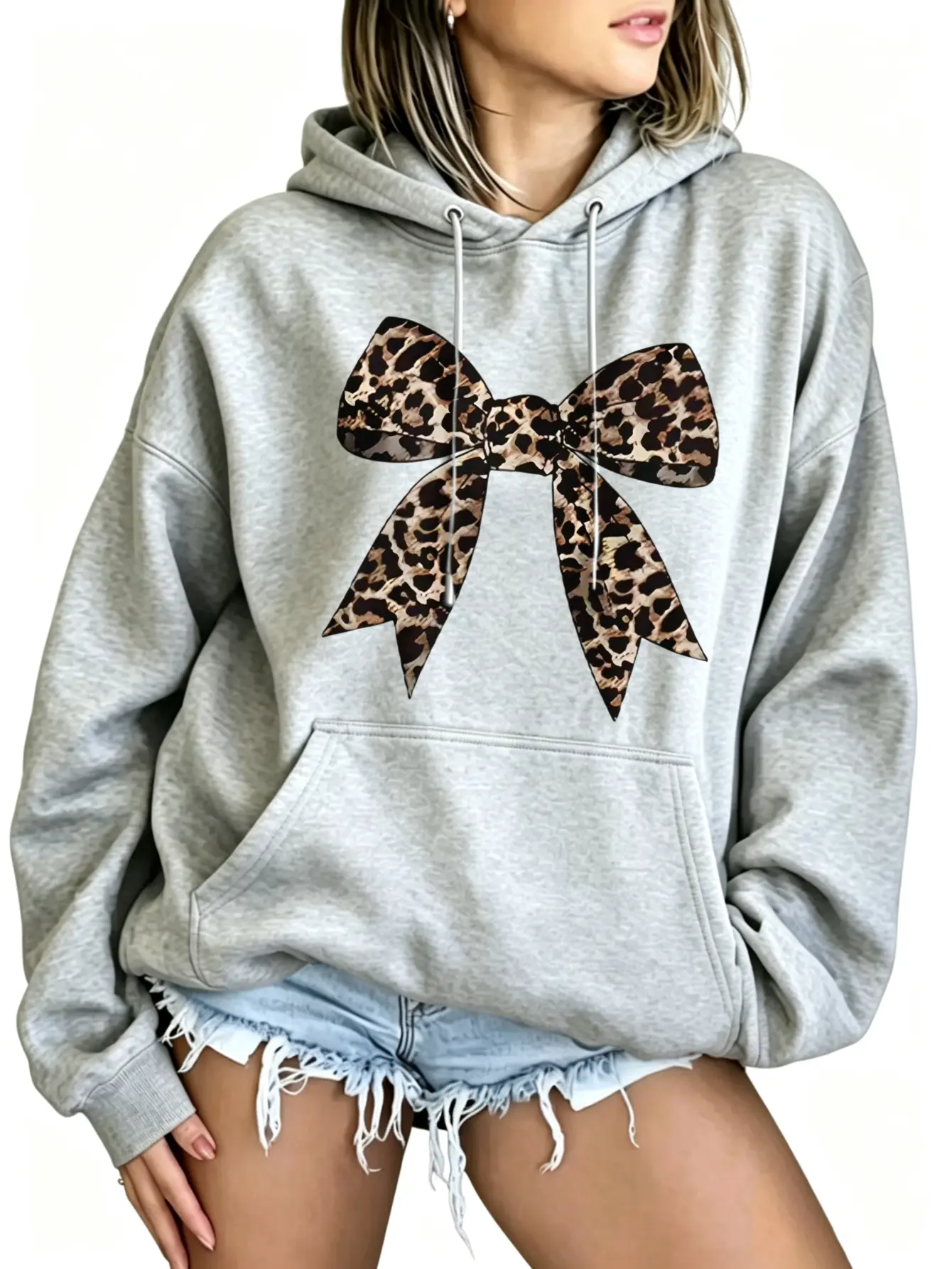 Leopard Print Bow Tie Oversized Hoodie Women Coquette Aesthetic Sweatshirt White TikTok Fashion Loose Pullover Jumper for Her Long Sleeve Drawstring Hoody Y2K Retro Streetwear Long Tunic Top Soft Cozy Comfy Hoodie Outerwear Outfit Trends