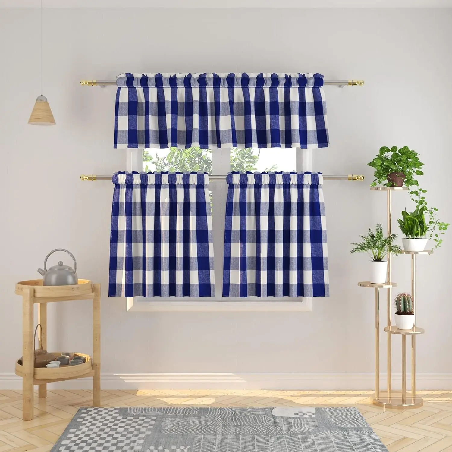 3-Pc Cotton Classic Country Farmhouse Kitchen Window Curtain Set, Navy Blue & White Buffalo Check Tier & Valance Home Items, 54"x18" / 27"x24"