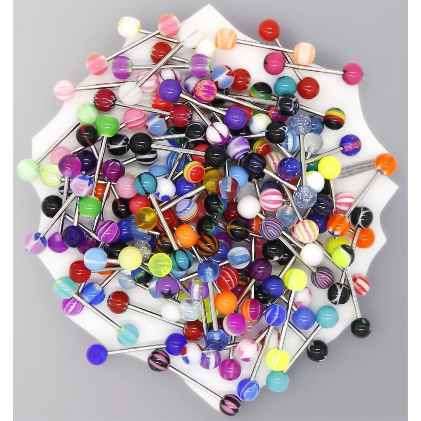 110Pcs 14G Stainless Steel Tongue Ring Barbell Set - Bar Length 5/8", Assorted Colors, Unisex Bulk Body Jewelry Set for Shops, Beginners, Bulk Piercing